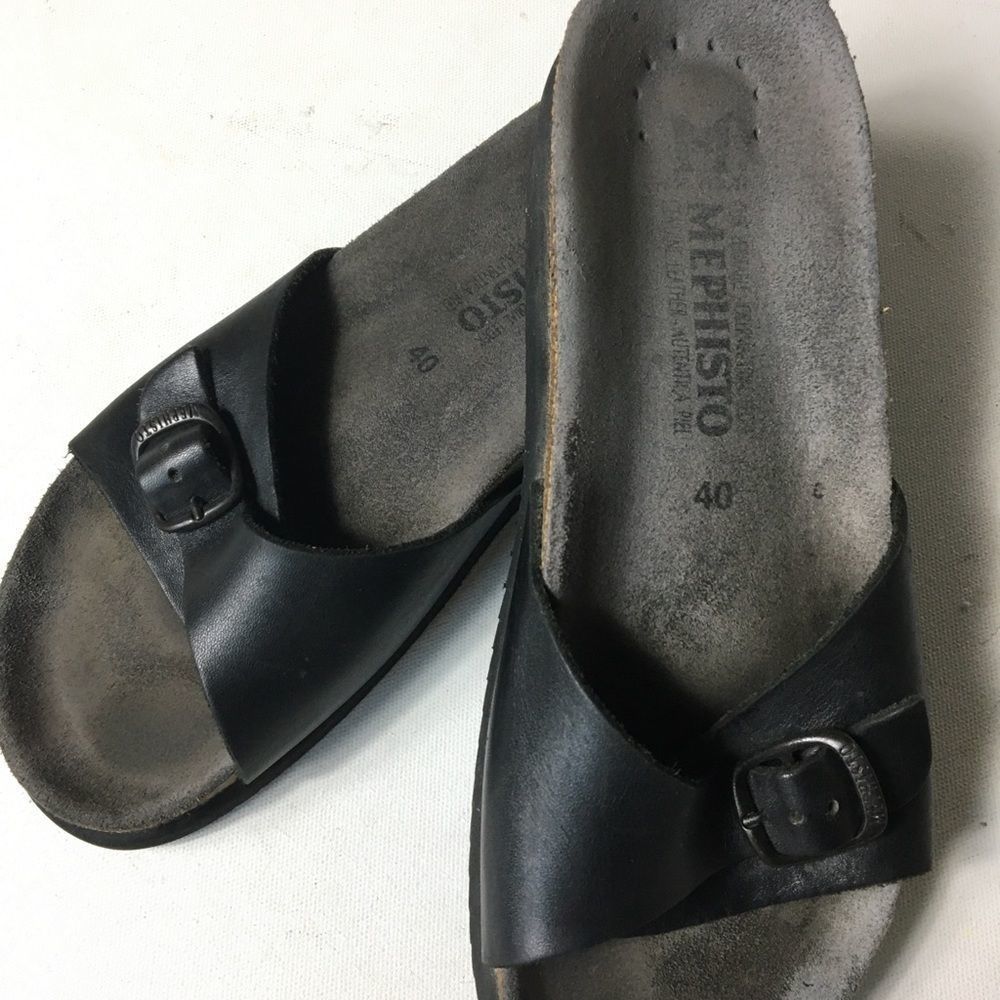 Mephisto Comfort Black Leather One Strap Buckle Slide Sandals Size 40 – 9.5/10